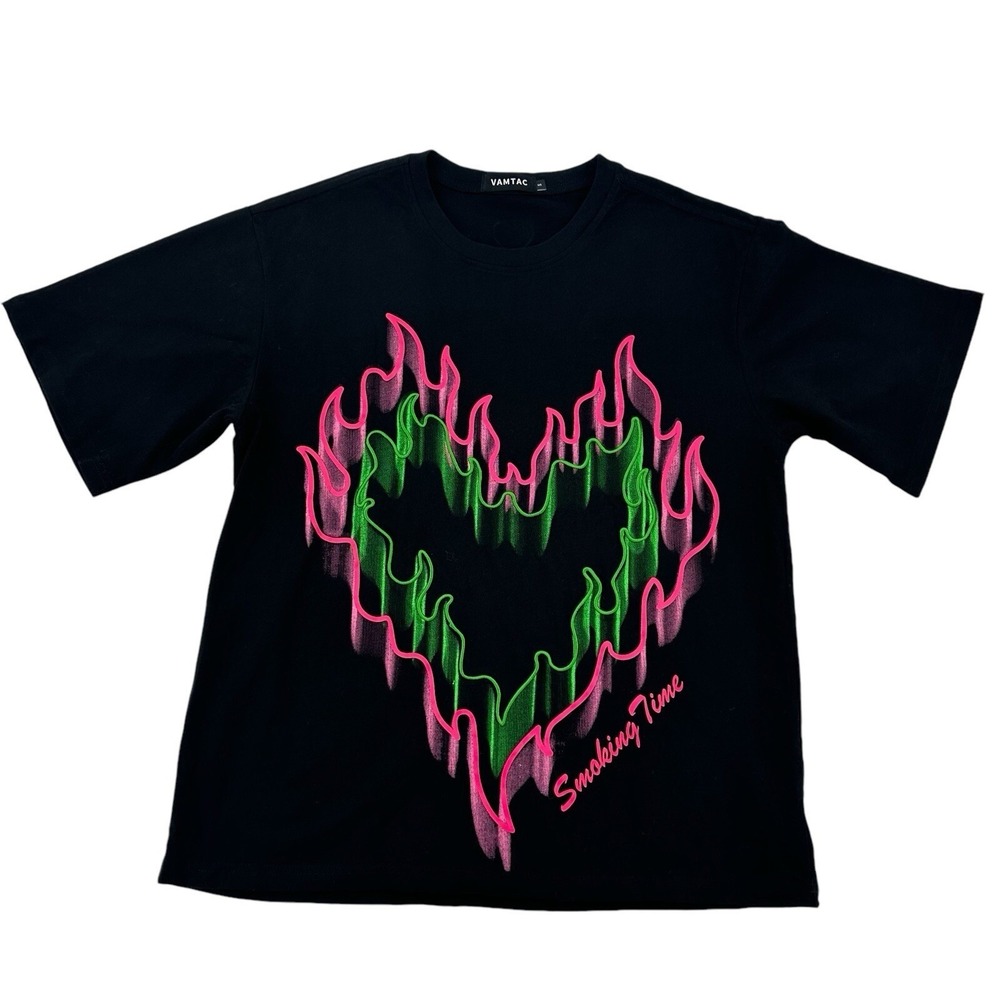 Vamtac Women's Size S Black Heart Flame Graphic T Shirt Smoken Heart Artsy Comfy